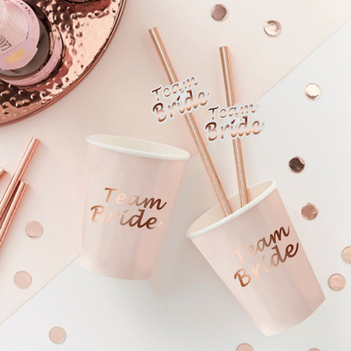 Team Bride To Be Plastic Drinking Cups Rose Gold Paper Straws