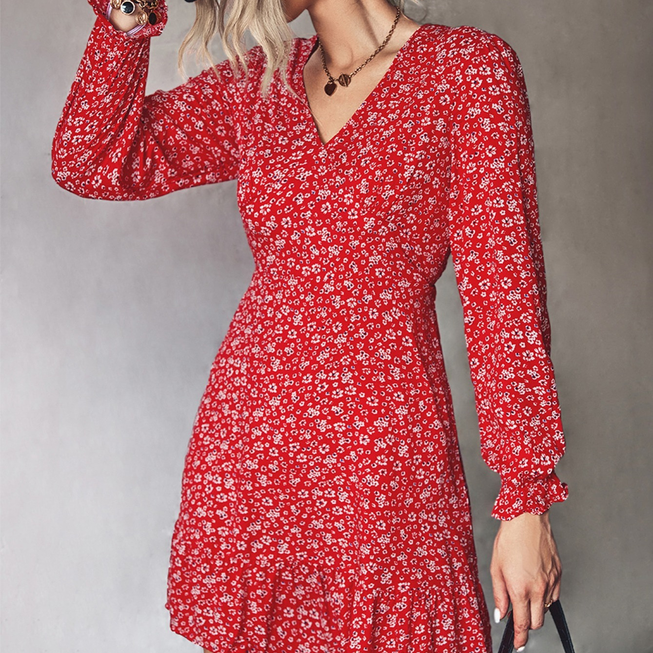 Floral V Neck Long Sleeve Dress Above The Knee A Line Fit Flare Dress Casual Dresses Womens 