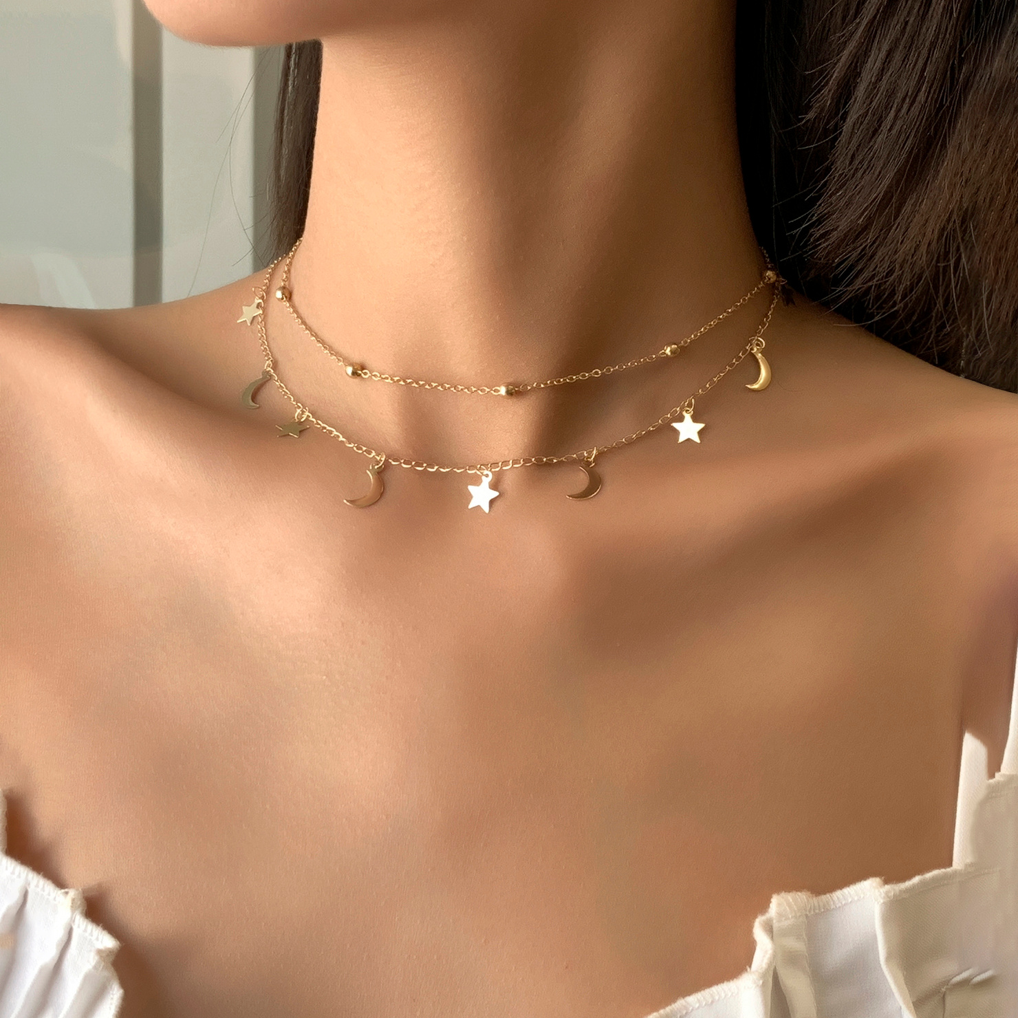 2pcs Star Moon Charm Necklace Set
