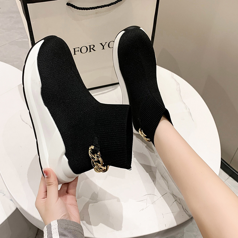 Chain Decor Knitted Slip Sock Boots Comfortable Solid Color Temu