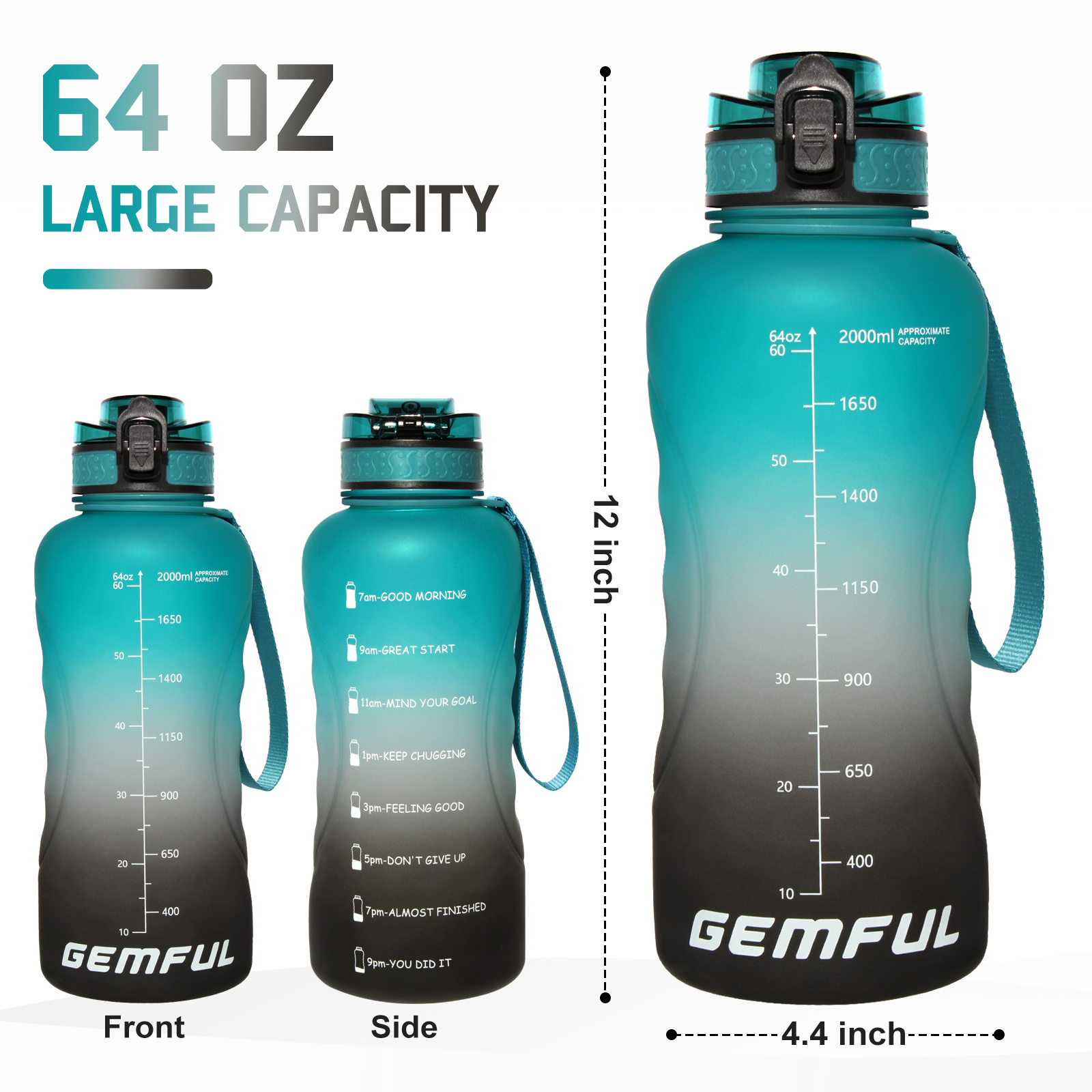 GEMFUL-botella de agua grande de 3 litros, jarra portátil inspiradora sin  BPA con marcador de tiempo y pajita, para deportes al aire libre y Fitness