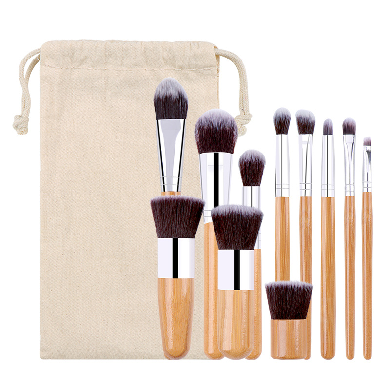 11 Bamboo Color Handle Makeup Brushes With Storage Bag - Amazing Deals on Our Store