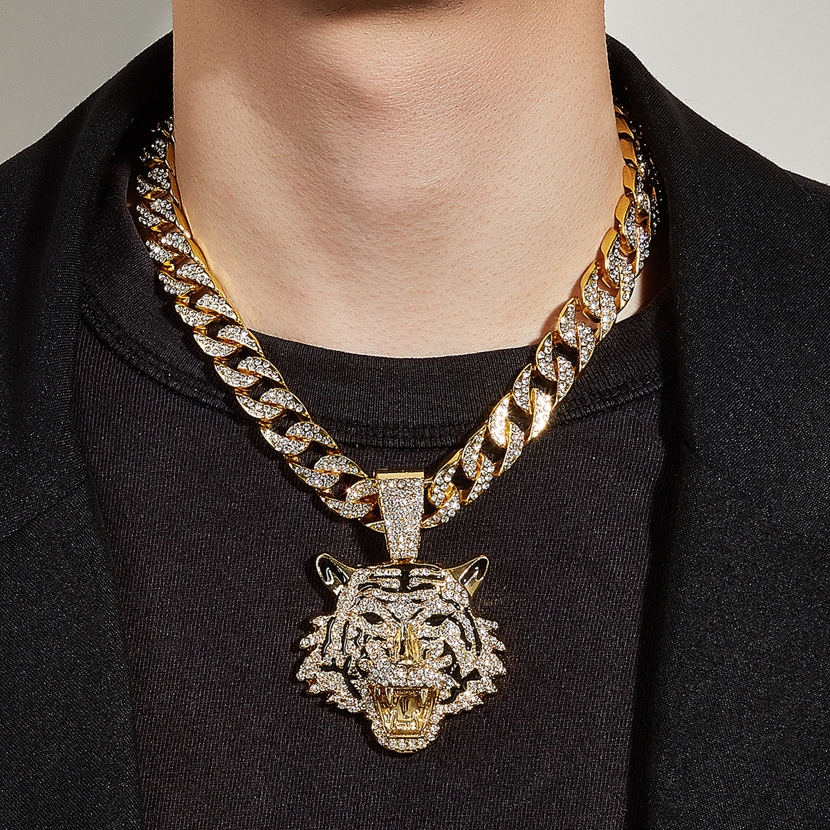 Tiger Head Pendant Cuban Chain Necklace