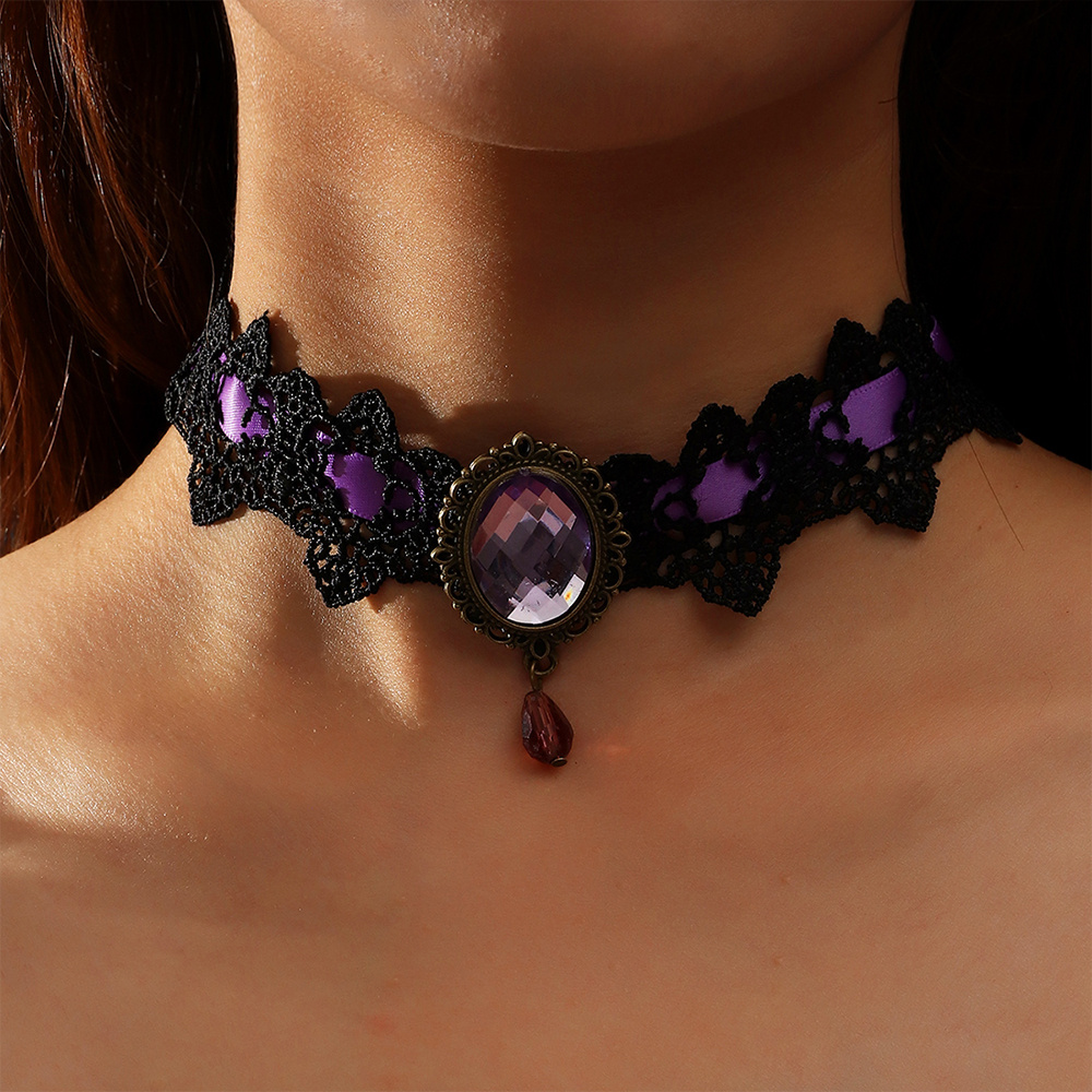 Goth Black Lace Purple Stone Pendant Choker Necklace for Women