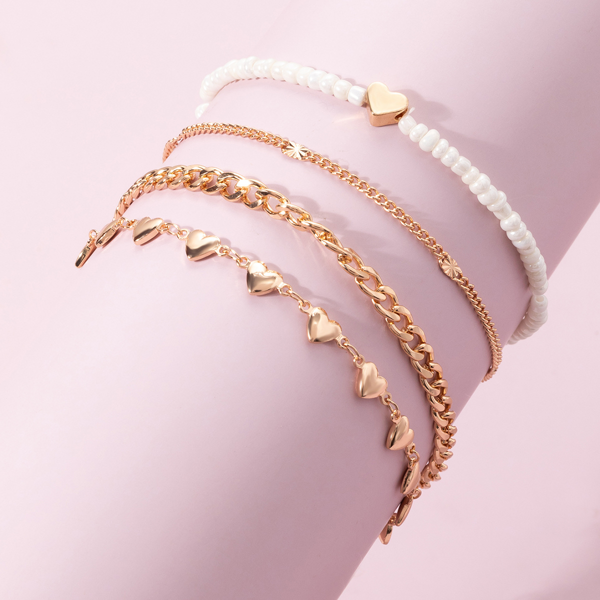 MultiLayer Metal Heart & Bead Decor Anklet