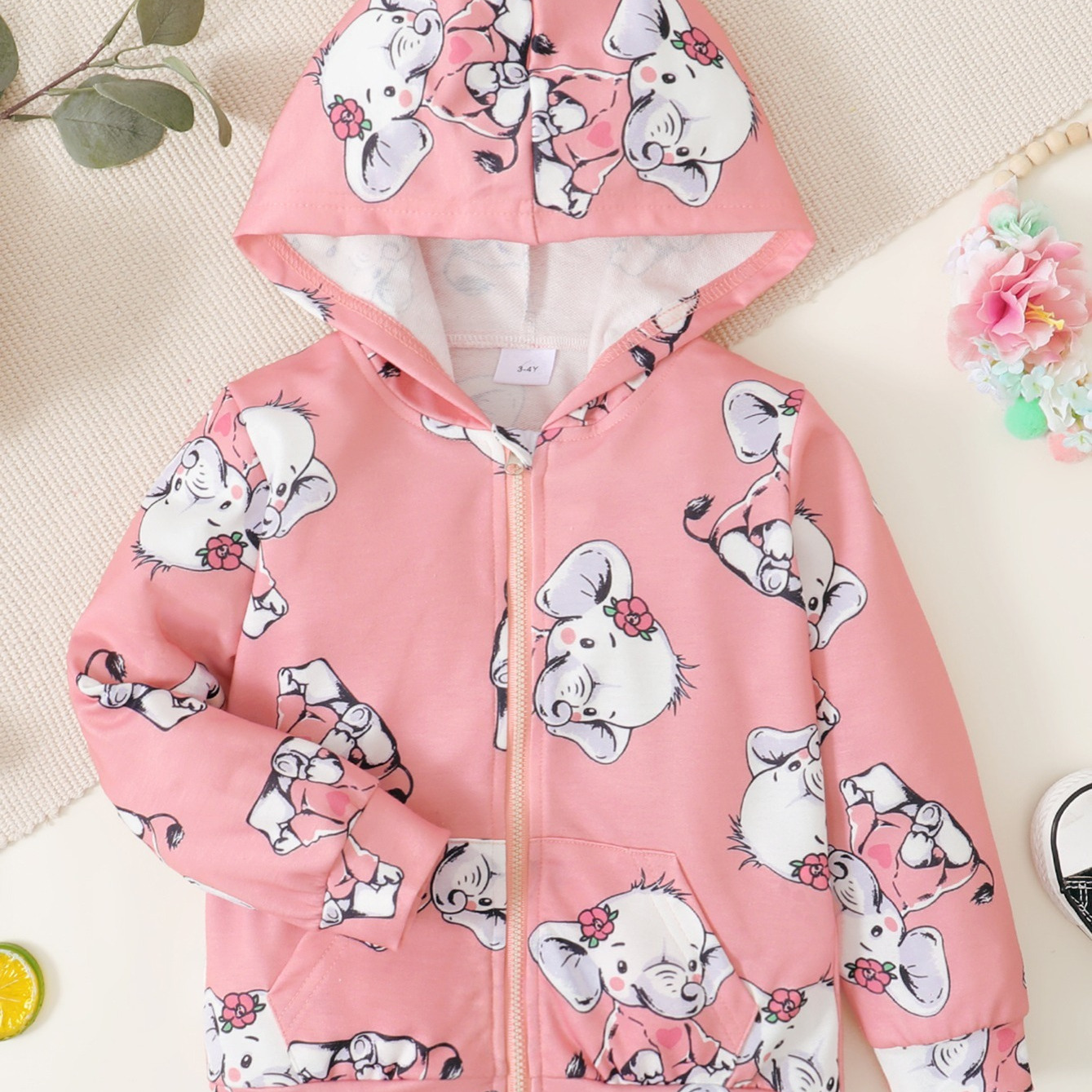 Toddler Girls Elephant Print Zip Up Hooded Jacket Kids Clothes