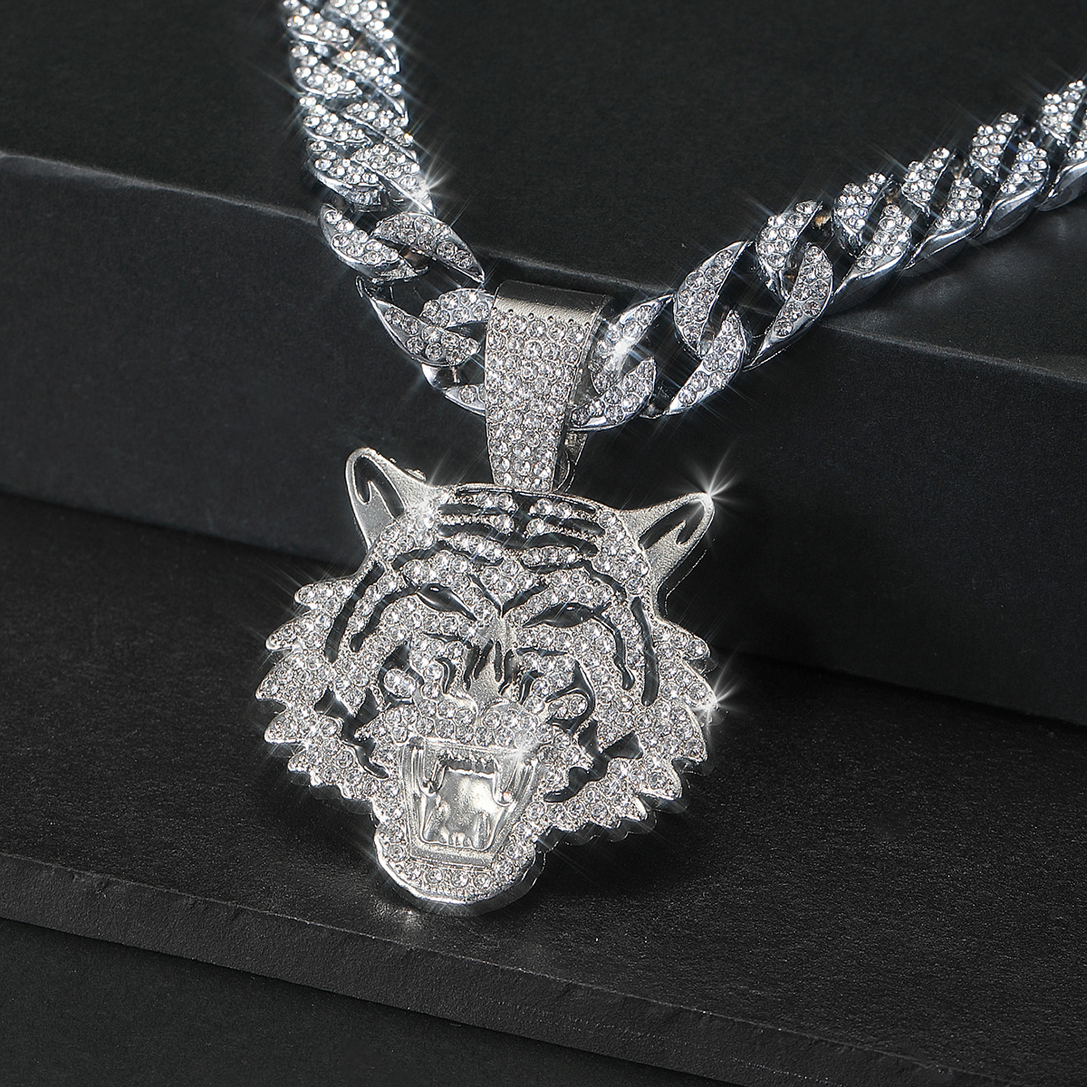 Tiger Head Pendant Cuban Chain Necklace