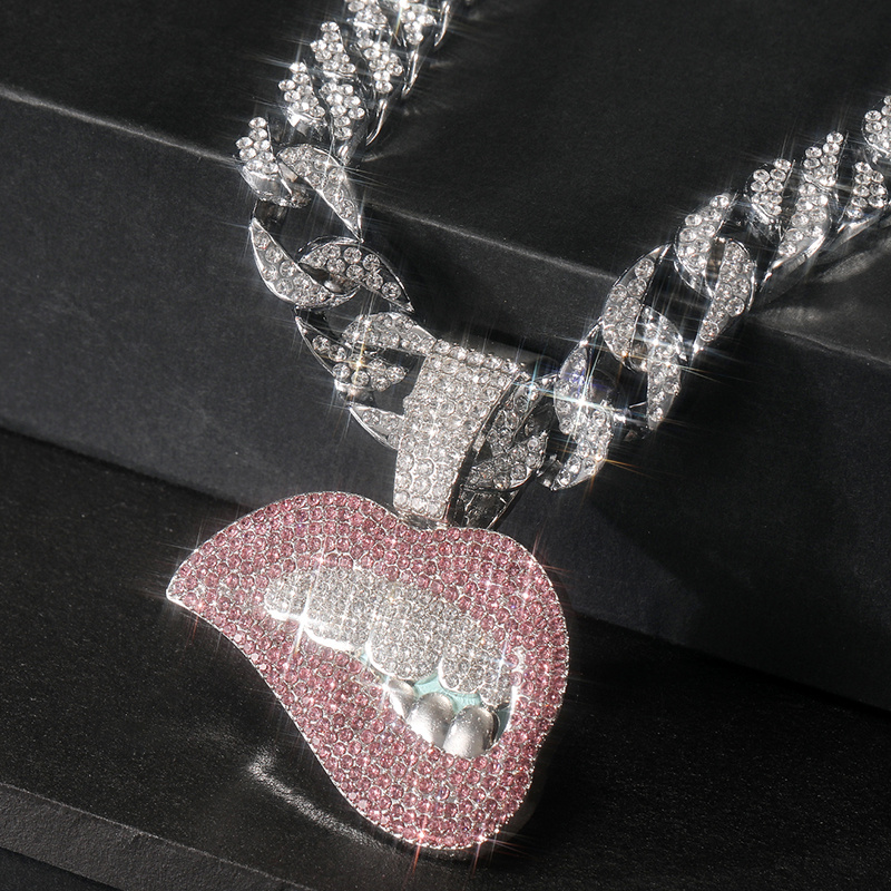 Pink Lips Pendant Cuban Chain Necklace