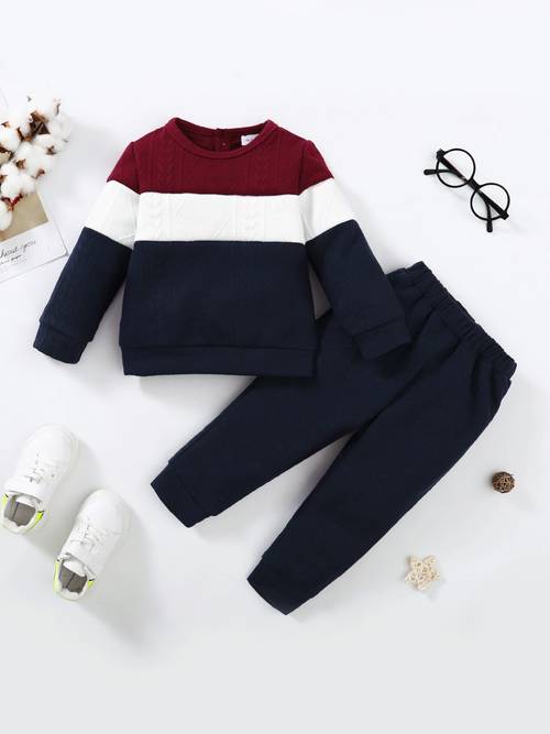 Boys Casual Knitted Color Block Pullover Top & Pants Set For Winter Boys Clothes