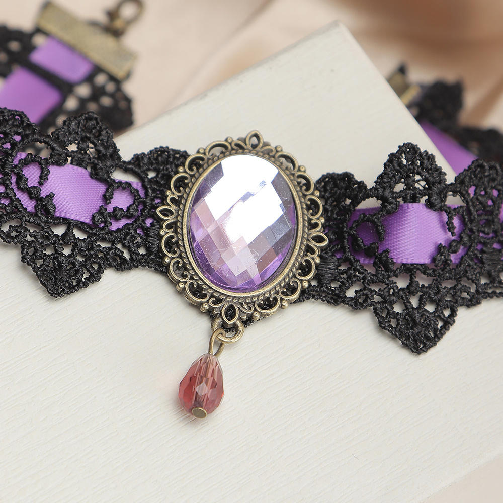 Goth Black Lace Purple Stone Pendant Choker Necklace for Women Vintage  Multilayer Metal Chain Halloween Party Jewelry Steampunk