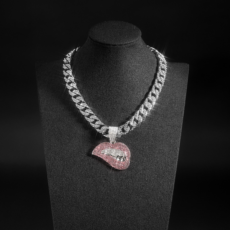 Pink Lips Pendant Cuban Chain Necklace