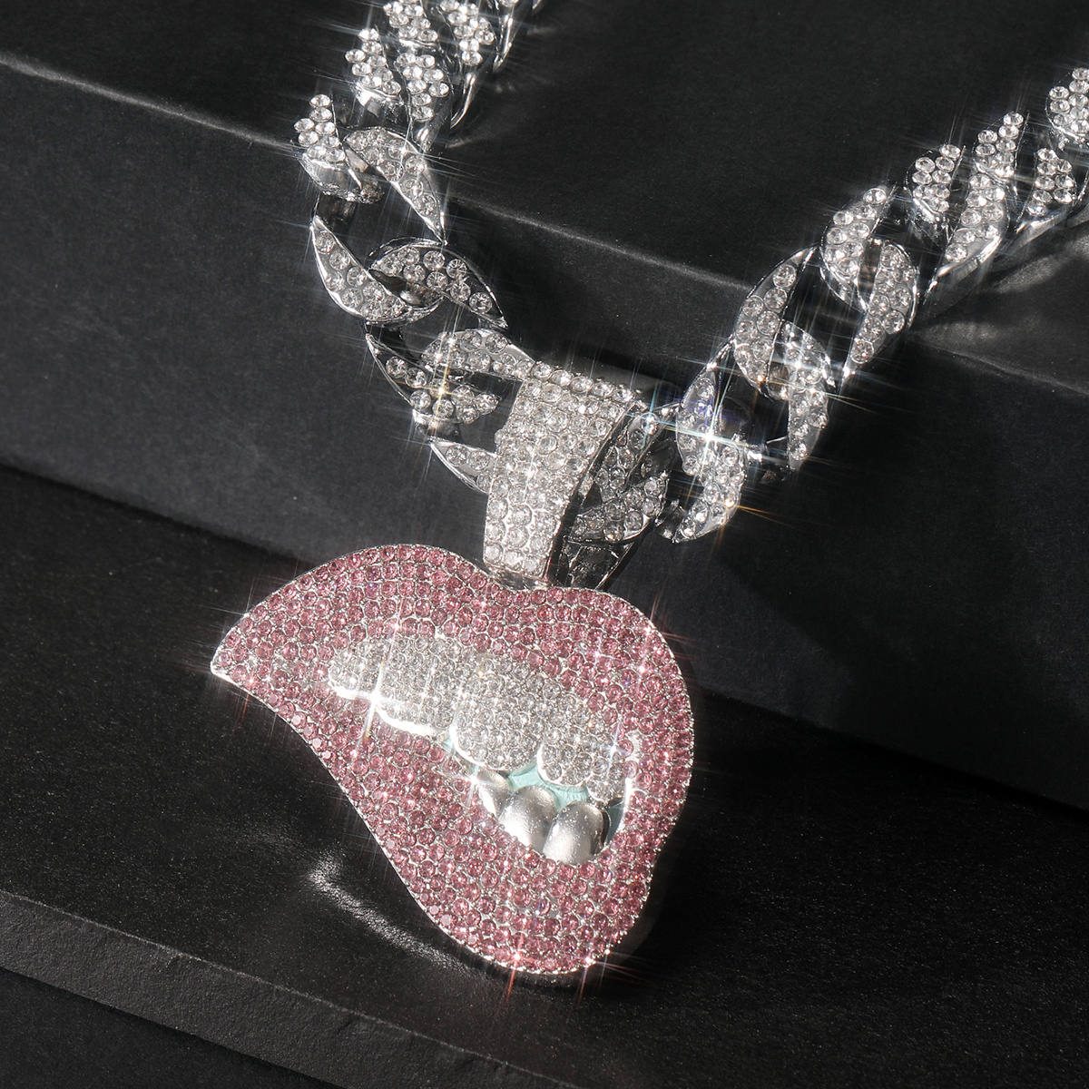 Pink Lips Pendant Cuban Chain Necklace