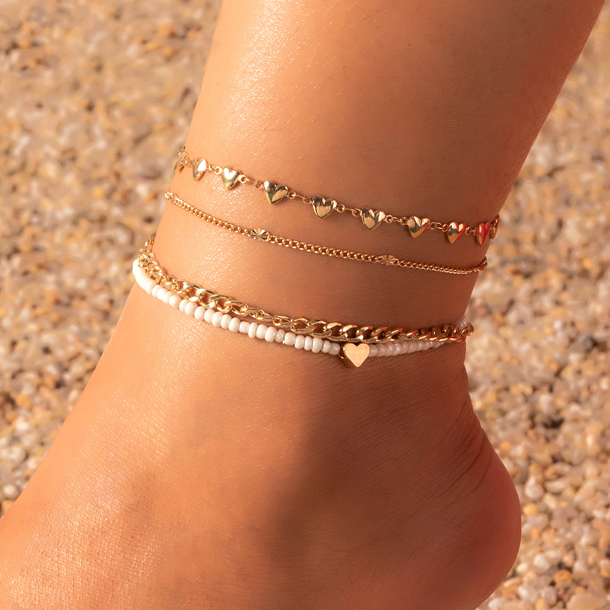 MultiLayer Metal Heart & Bead Decor Anklet