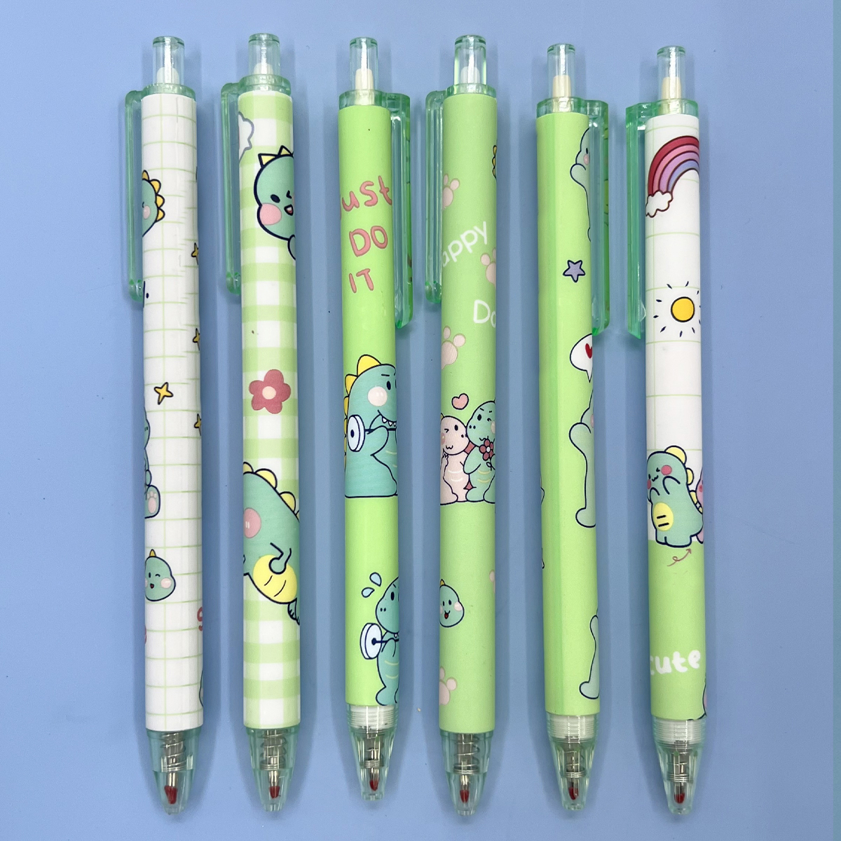 6pcs Retractable Black Gel Rollerball Penswith Dinosaur Design