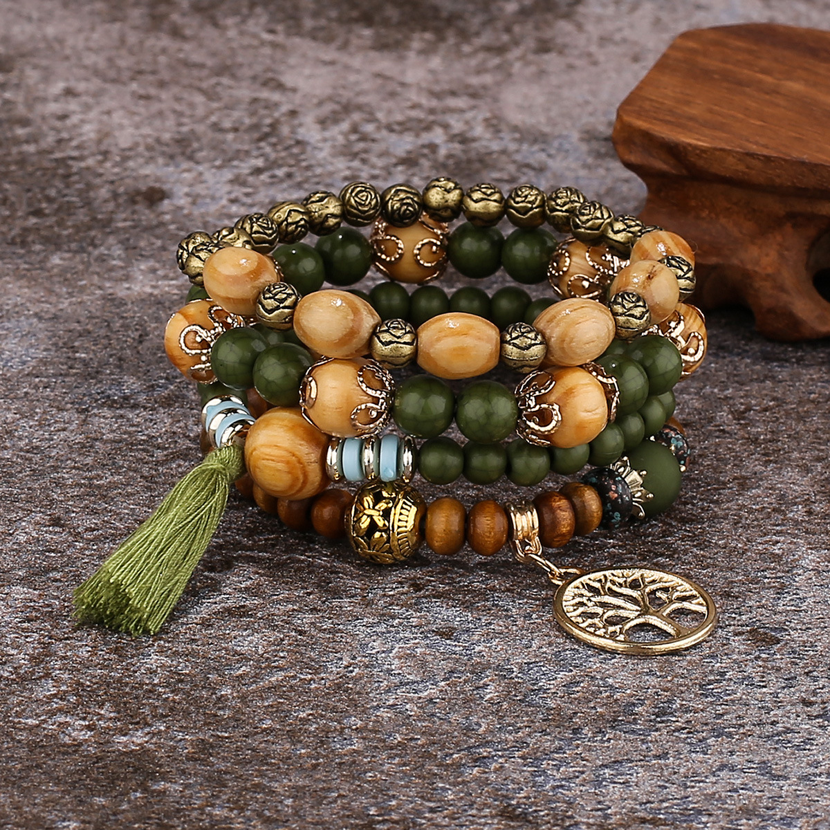 4pc Boho Style Tree & Tassel Charm Bracelet Set