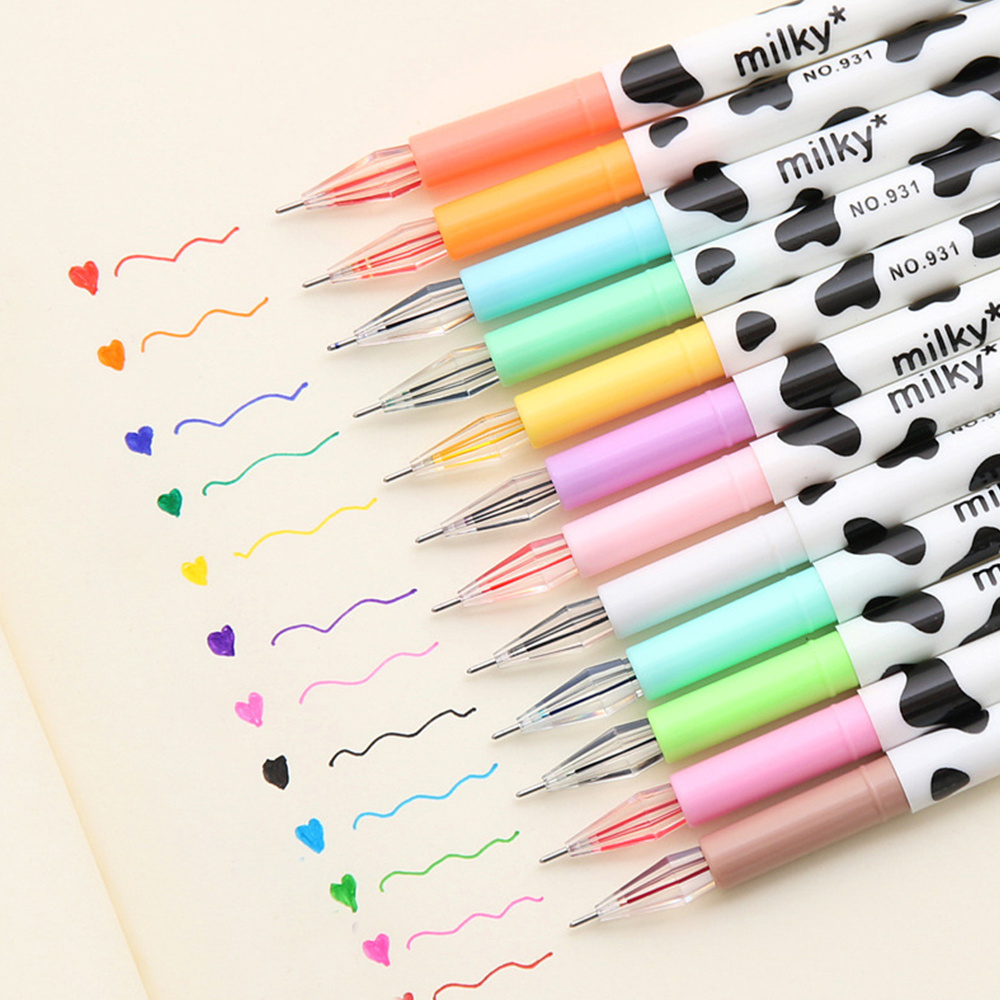 SAIWEILAI ONLINE 48 Pieces Cute Cow Pen, 12 Color Milky Gel Ink Pens,  Cartoon Gel Ink Pens Set, Cow Print Pens Kawaii for Office School Supplies,  Gift