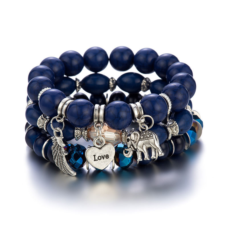 3 Pcs Elephant Charm Beaded Bracelet Set