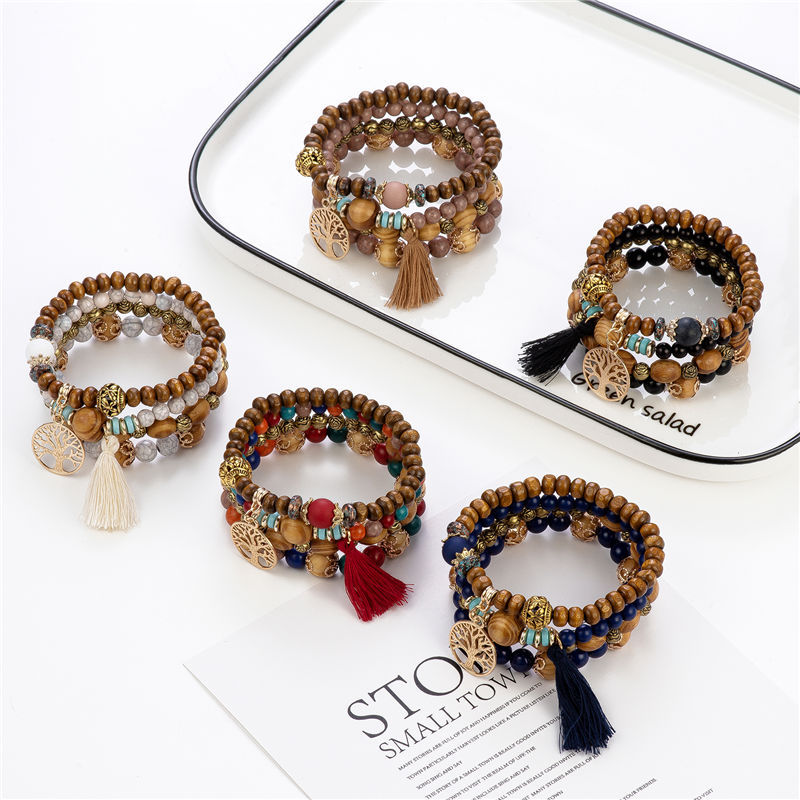 4pc Boho Style Tree & Tassel Charm Bracelet Set