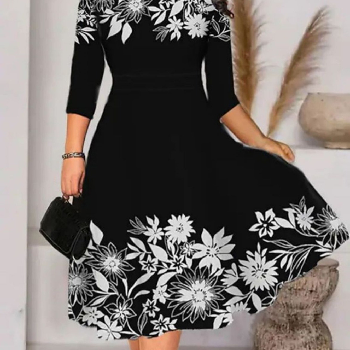 Women s Dresses Casual Floral Printed Crewneck Midi Dresses Clothing 