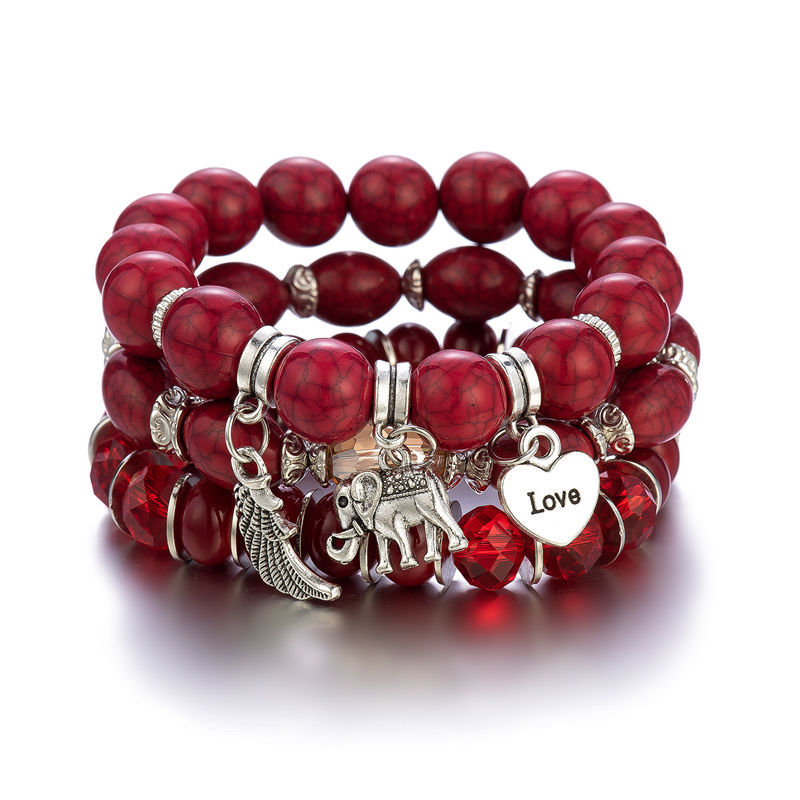 3 Pcs Elephant Charm Beaded Bracelet Set