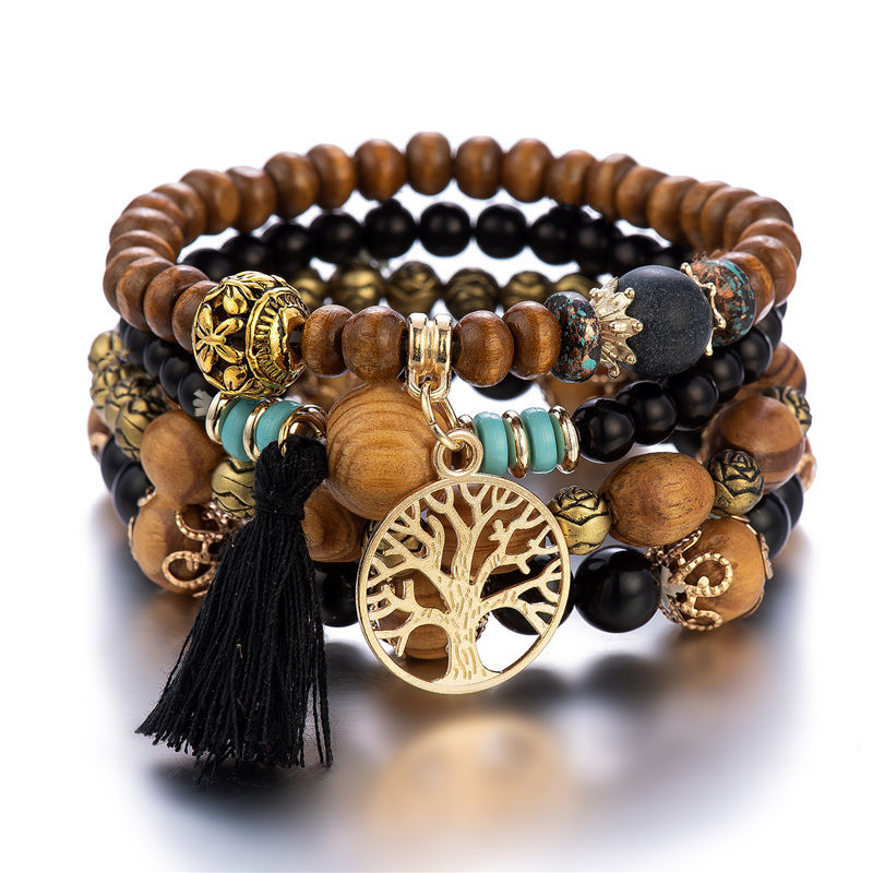 4pc Boho Style Tree & Tassel Charm Bracelet Set