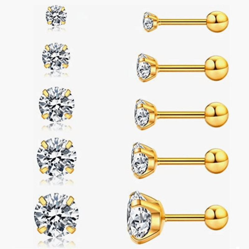 Hypoallergenic CZ Stud Earrings - 5 Pairs