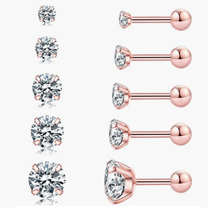 Hypoallergenic CZ Stud Earrings - 5 Pairs