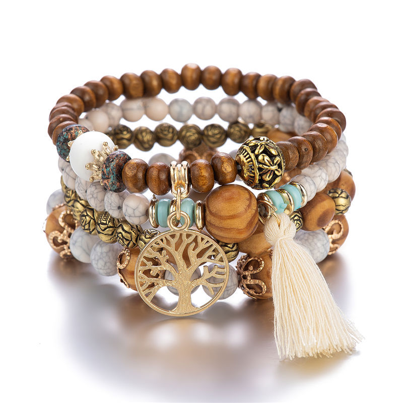 4pc Boho Style Tree & Tassel Charm Bracelet Set