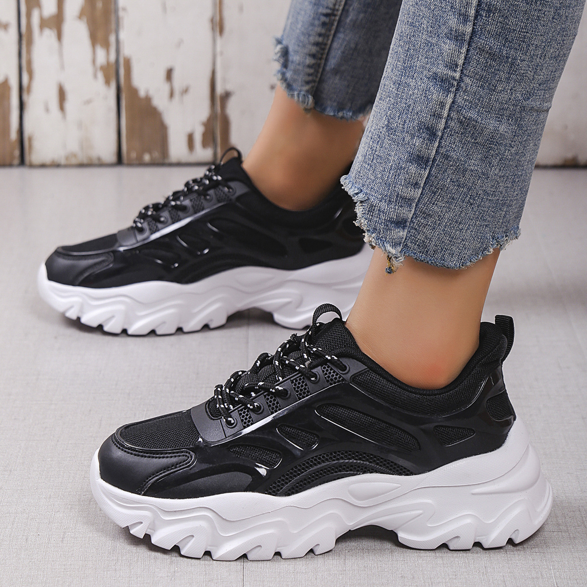 Women's Low Top Chunky Platform Lace-up Sneakers, Non Slip Mesh Low Top Shoes, Casual Sports Shoes Temu
