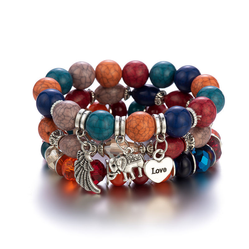 3 Pcs Elephant Charm Beaded Bracelet Set