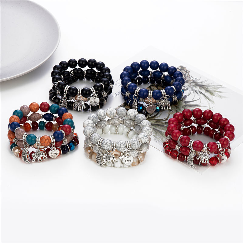 3 Pcs Elephant Charm Beaded Bracelet Set