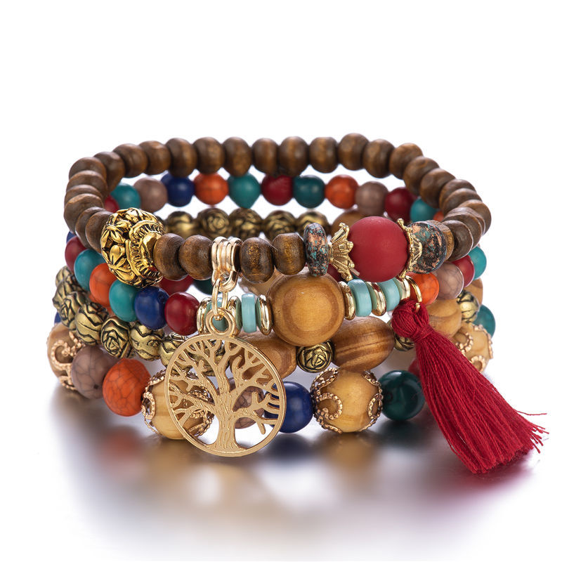 4pc Boho Style Tree & Tassel Charm Bracelet Set