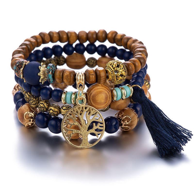 4pc Boho Style Tree & Tassel Charm Bracelet Set