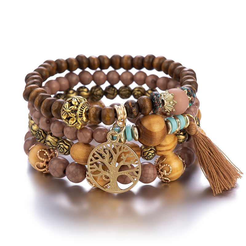 4pc Boho Style Tree & Tassel Charm Bracelet Set