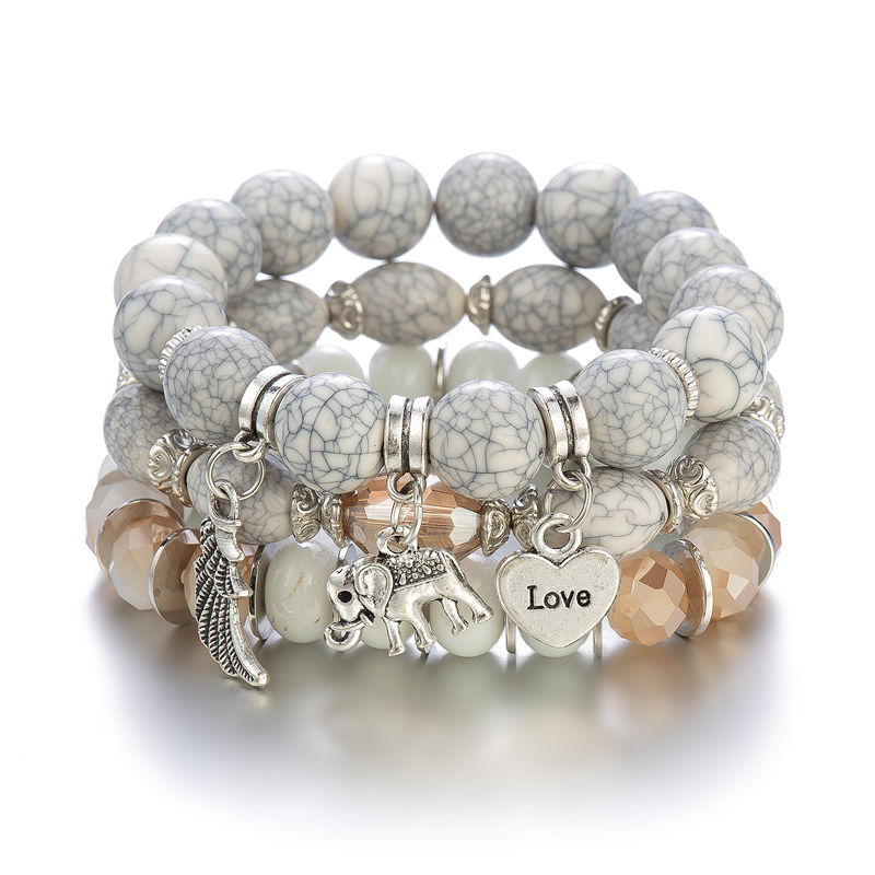 3 Pcs Elephant Charm Beaded Bracelet Set