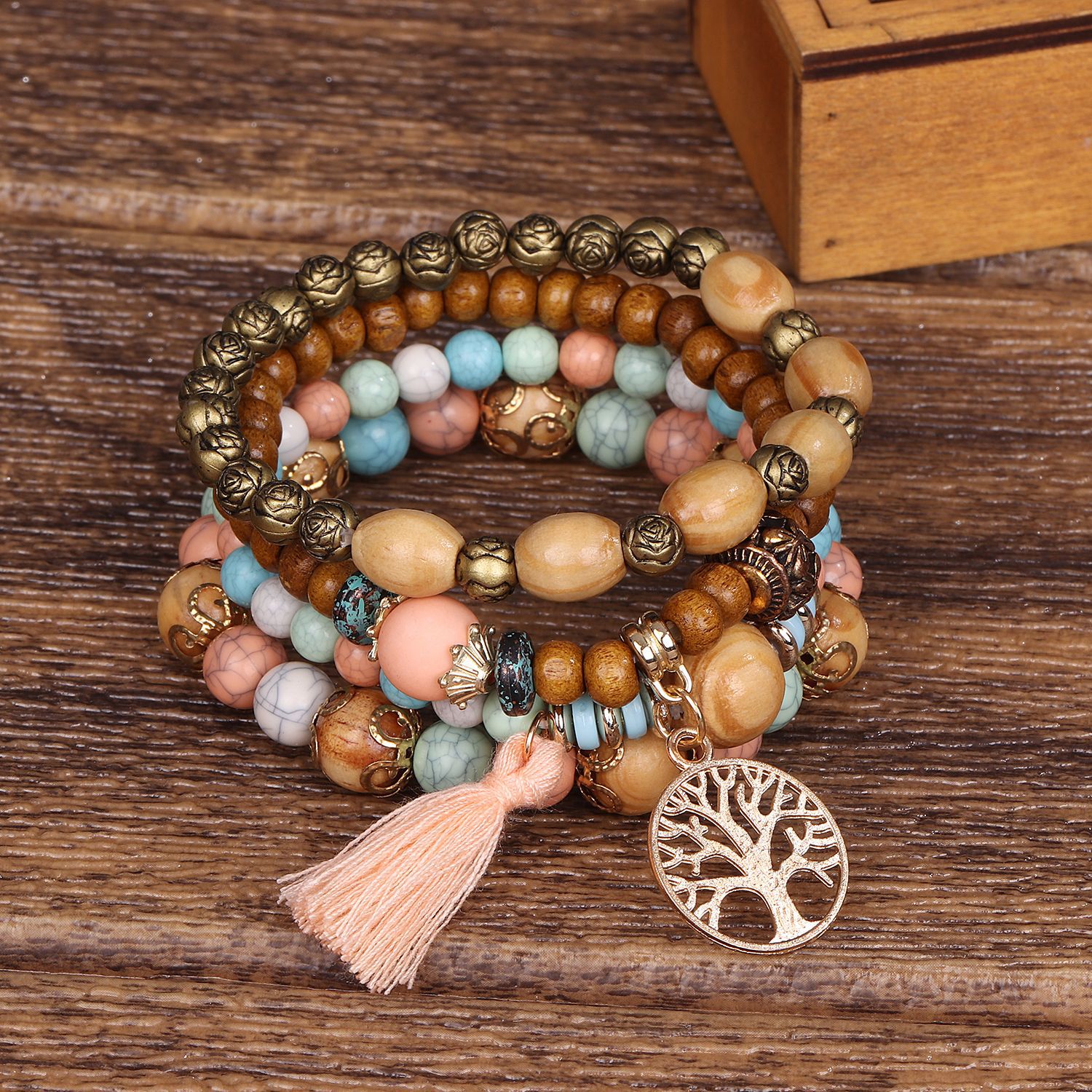 4pc Boho Style Tree & Tassel Charm Bracelet Set