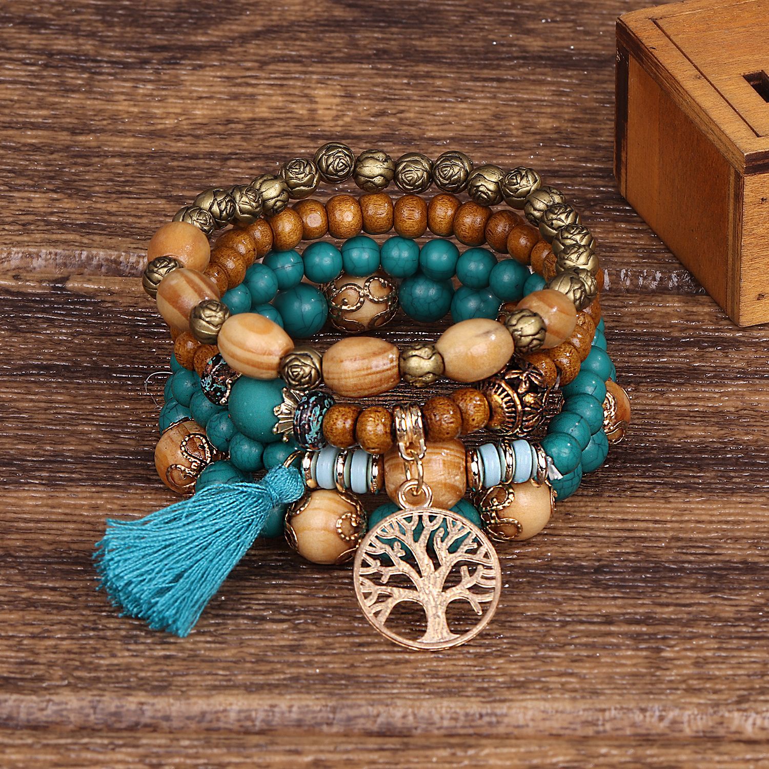 4pc Boho Style Tree & Tassel Charm Bracelet Set