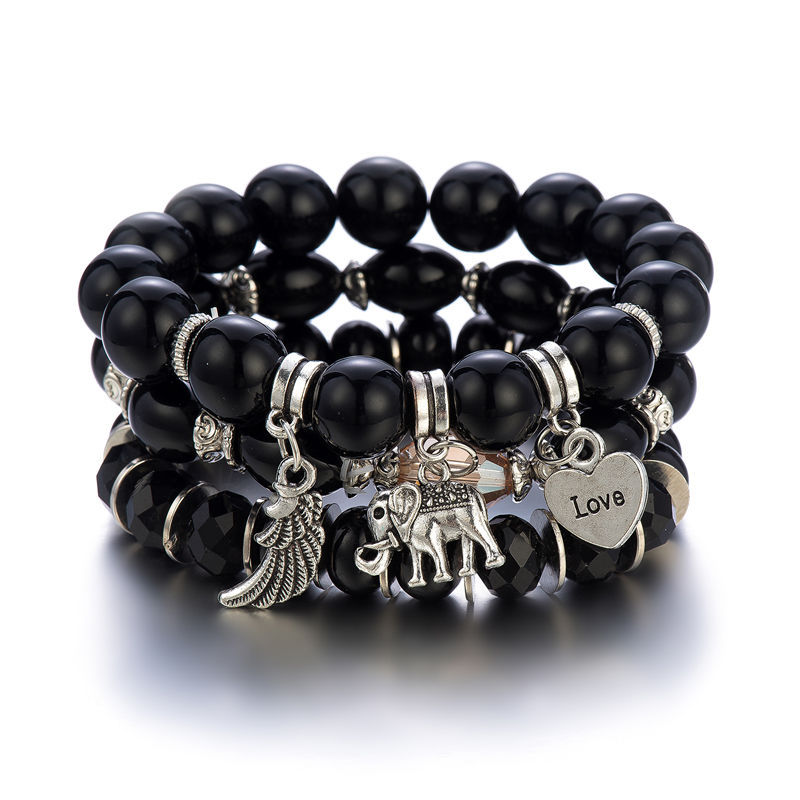 3 Pcs Elephant Charm Beaded Bracelet Set