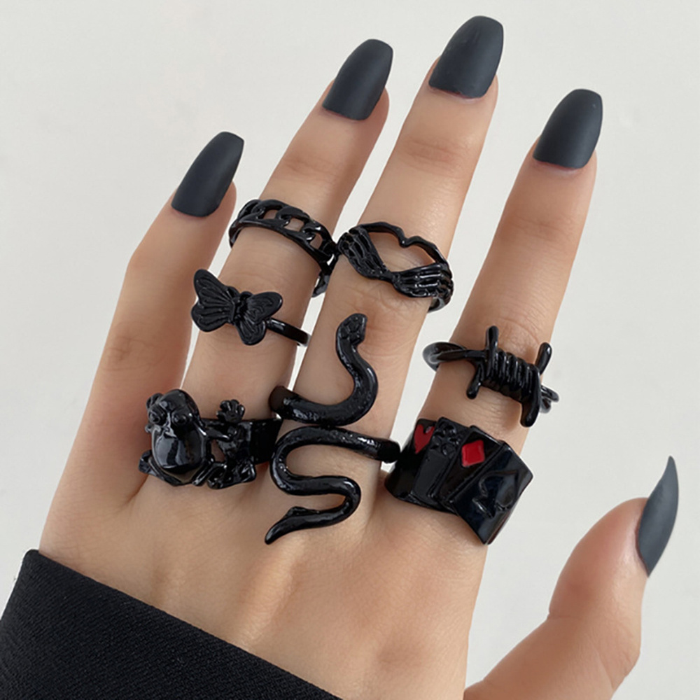 Gothic Punk Black Snake Butterfly Charm Rings 7pcs Set For Women Party Favors