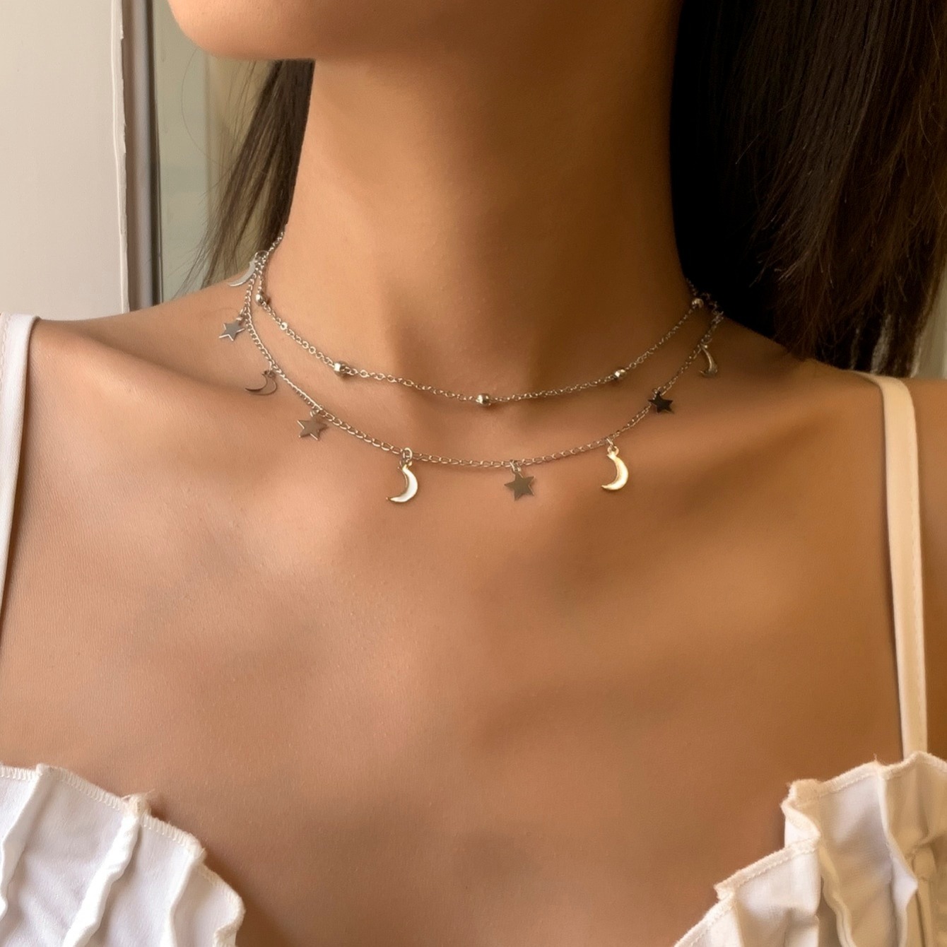 2pcs Star Moon Charm Necklace Set