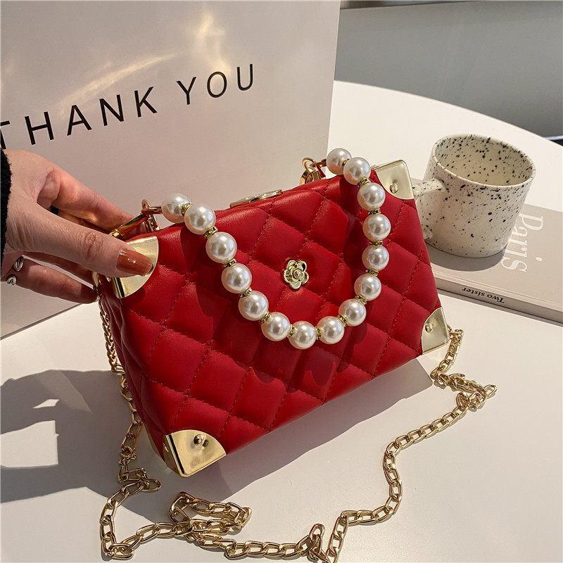 Faux Pearl Beaded Quilted Chain Bag