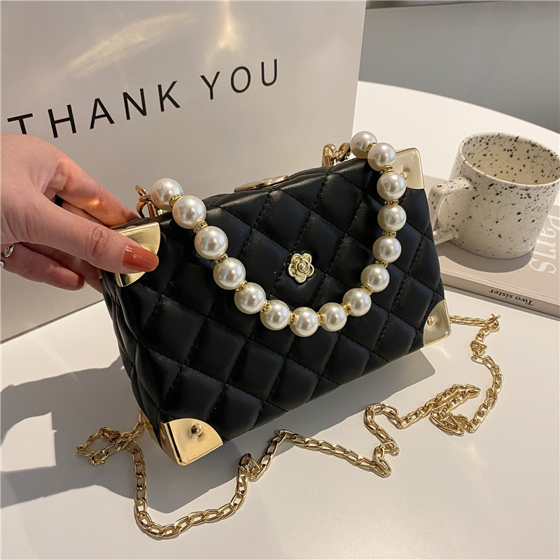 Faux Pearl Beaded Quilted Chain Bag