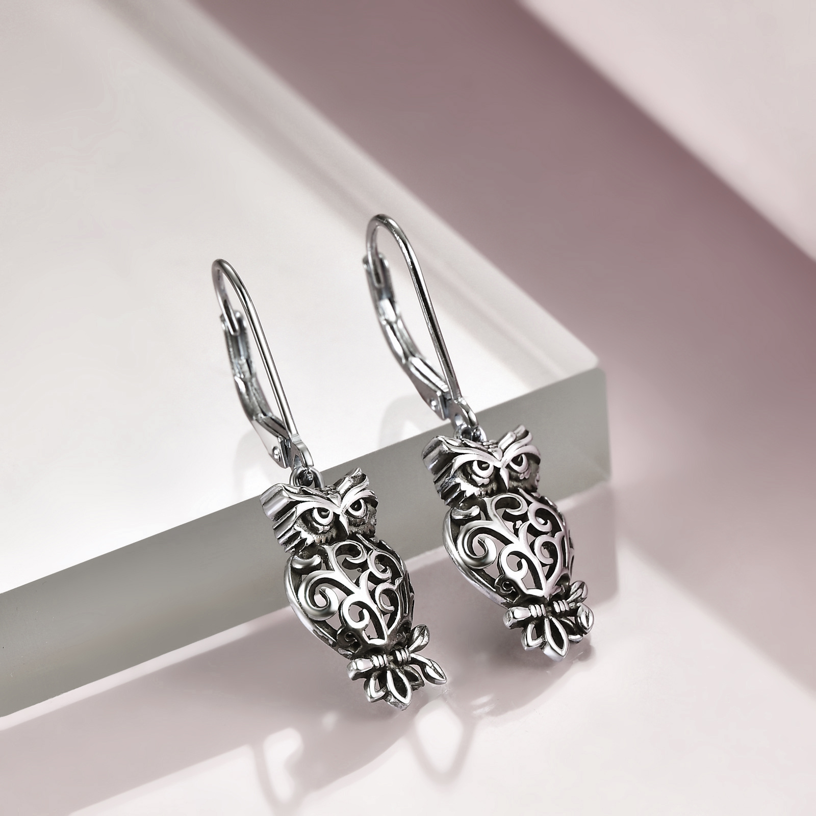 Women's Sterling Silver Owl Tree of Life Leverback Earrings