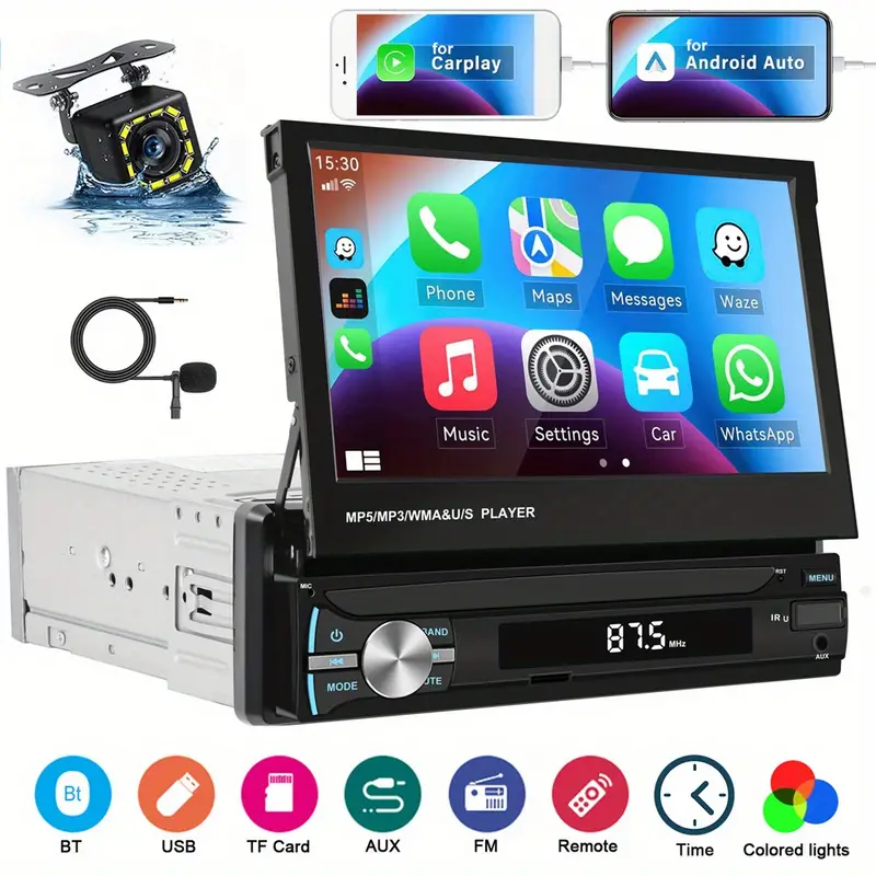 1Din For Android Auto Autoradio 7 HD Retractable Car Stereo Touch Screen  Car Multimedia MP5 Player Car Radio Support USB/FM Radio +Camera