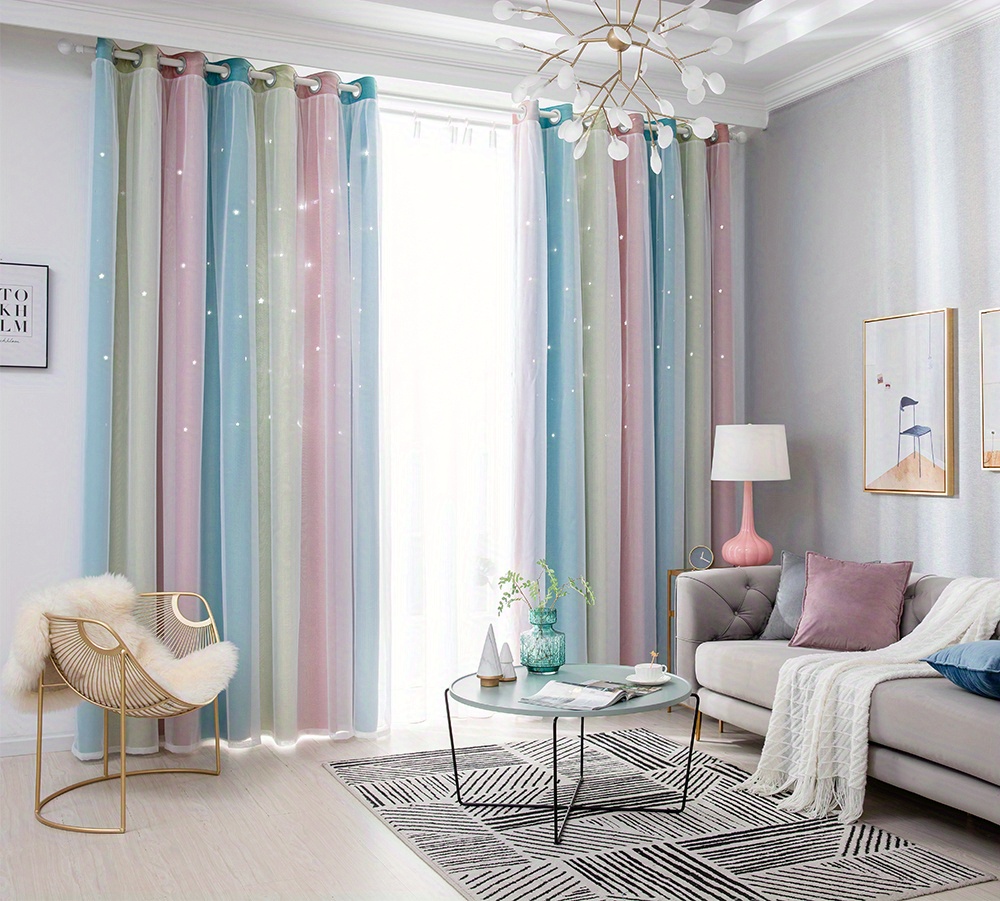 1 panel rainbow hollow out star pattern curtain for nursery bedroom and living room double layer window treatment grommet top curtain home decor details 12