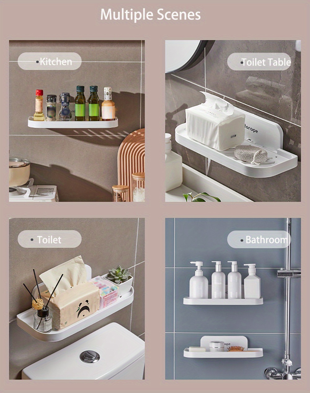 Bathroom Shelf, Punchfree Toilet Storage Rack, Wall Mounted Plastic