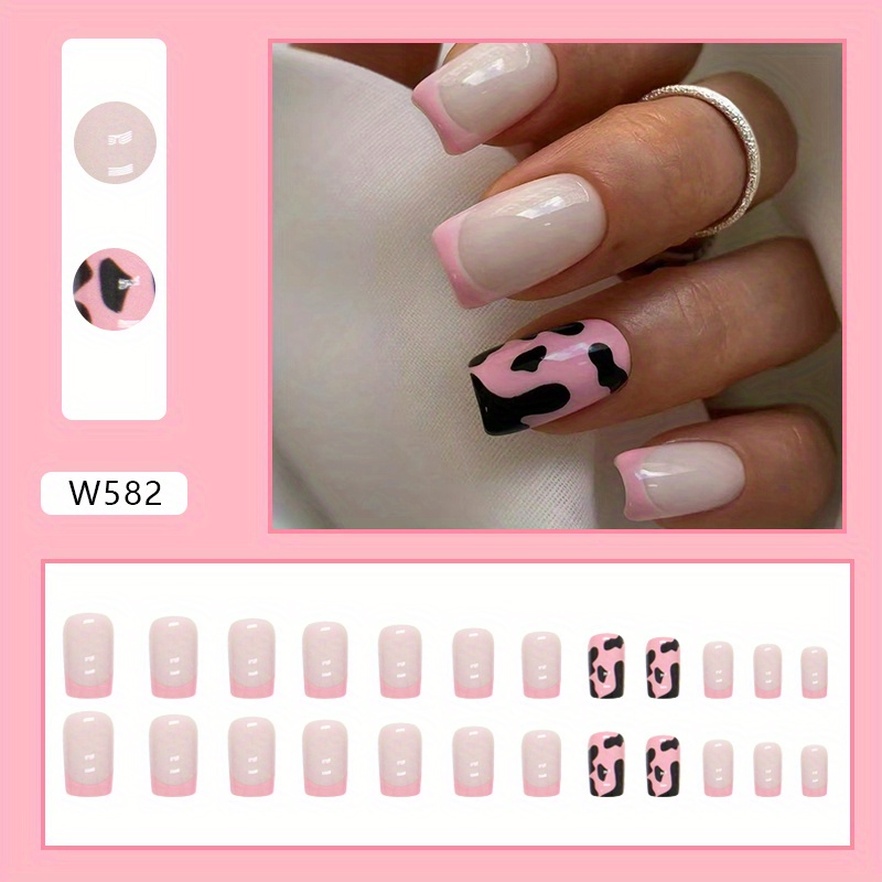 Light French Tip Nails Cute Cow Print Press Nails - Temu