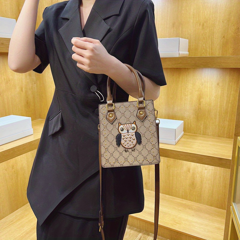 Vintage Owl Pattern Satchel Bag, Classic Rivets Decor Shoulder Bag, Women's  Purse For Work