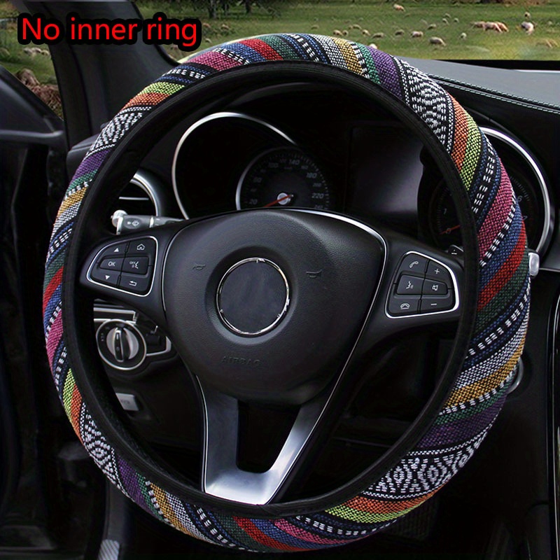 Image of Bohemian Style Breathable Print Ethnic Fabric Car Steering Wheel Cover, Polyester Fiber, Non-slip Bohemian Car Accessory, Car Decoration