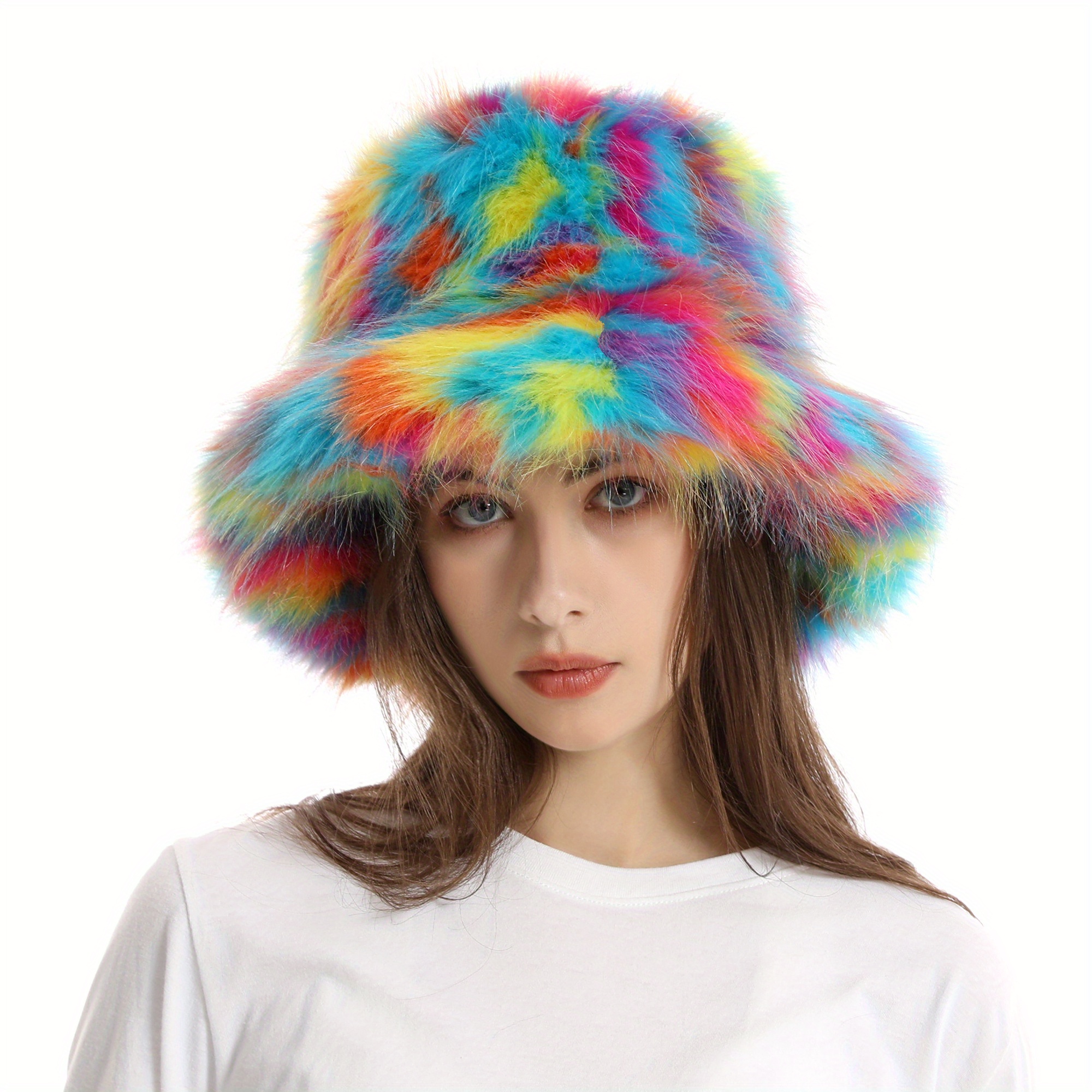 Rainbow Striped Plush Bucket Hat Lightweight Warm Bucket Hat - Temu